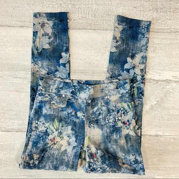 Joseph Ribkoff Print Stretch Pants Blue White Charcoal Sz 8 Floral Easy Up Pants - Picture 4 of 11